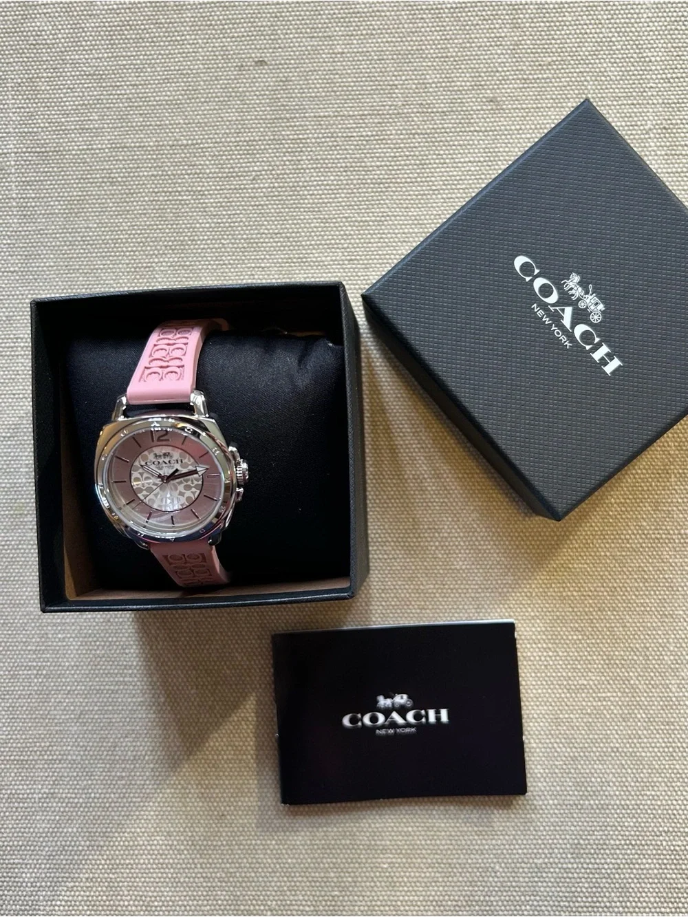 Coach Boyfriend Watch With 34mm Silver Face & Pink Silicone Band